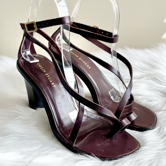 Colin Stuart Leather Cross Strap Mahogany Brown Heels - Picture 1 of 7